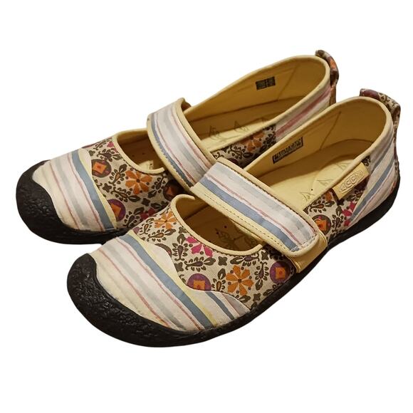Keen Womens Harvest Mary Jane Shoes Yellow Striped Floral With Elastic Strap 8.5 - Picture 1 of 9